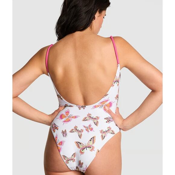 Victoria's Secret White & Pink Butterfly Print One Piece Swimsuit w Bows Large - Picture 3 of 9